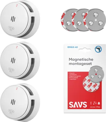 A product shot featuring three smoke detectors and a package of magnetic mounting kits.