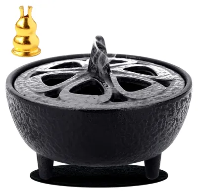 Produktbild von Räucherschale aus Gusseisen mit Lotusblüten-Deckel, Multifunktionaler Aromatherapie-Weihrauchbrenner, Rundes Räucherstövchen, Schwarzes Räuchergefäß für Schlafzimmer, Yoga, Wohnzimmer-Dekoration