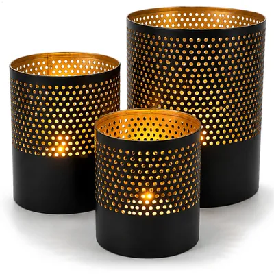 Produktbild von COM-FOUR® 3er Set Windlichter Metall, schwarz gold, Teelichthalter Deko