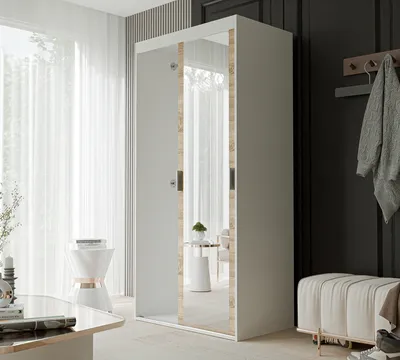 Produktbild von Schiebetürenschrank Kleiderschrank mit Spiegel LUNA 100 cm mit Regalen und Kleiderstangen Schrank Garderobe Weiß Sonoma silberne Griffe