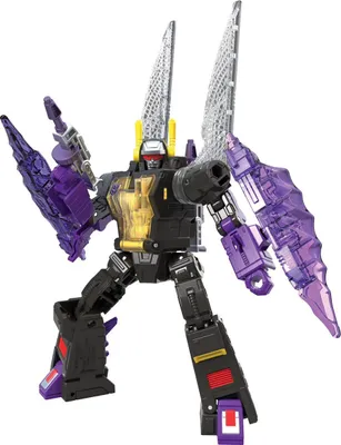 A robot toy with wings and weapons, standing on a white background.