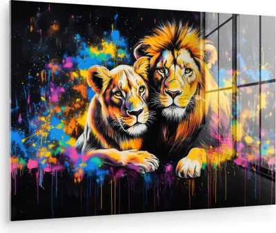 Produktbild von MuchoWow Glasbilder - Bilder auf Wandbild - Foto auf Glas Löwen - Malerei - Farben 30x20 cm Wanddekoration aus Glas - Acrylglasbild - Acrylbilder - Bilder auf glas wandbild