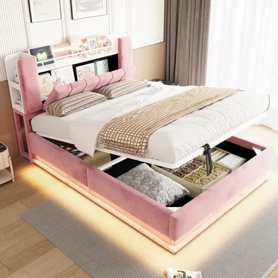 Produktbild von Polsterbett 140x200 cm, mit LED - Beleuchtung, mit USB - Anschluss, mit Stauraum, mit gepolstertem Kopfteil, Beige