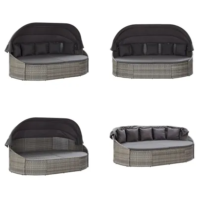 Four different views of a grey rattan outdoor lounge bed with a black canopy and grey cushions.