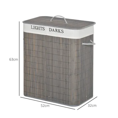 Image de HOMCOM Panier à linge 100L avec 2 bacs bambou pliable couvercle poignée avec Sac amovible et lavable gris