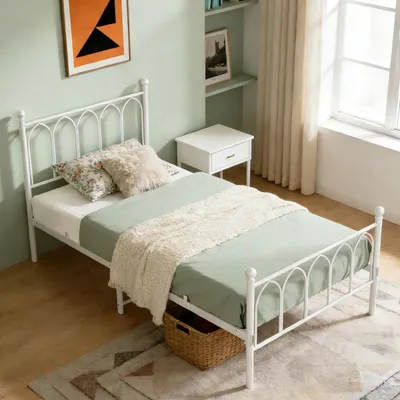 Image de MODFU Lits classiques Lit en métal 90 x 200 cm avec cadre en métal, lit simple pour jeunes avec tête de lit en fer, blanc (sans matelas), style européen