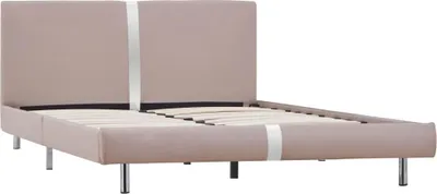 A bed frame with a headboard and slats, shown against a white background.