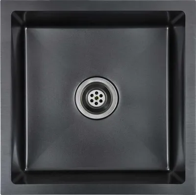 A top-down view of a black stainless steel kitchen sink with a drain in the center.