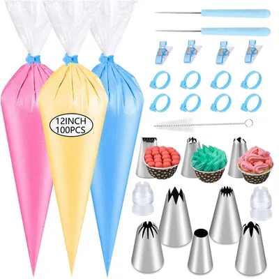 Image de Kit de poche à douille, 125 pièces : 31 sacs de pâtisserie jetables de 21 cm, avec 8 buses de décoration et accessoires