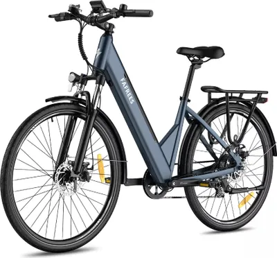 A blue electric bicycle is shown against a white background.