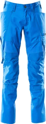 A pair of blue work pants shown front-on against a white background.