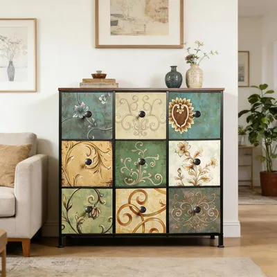 Zdjęcie produktu dla Komoda INONEFT z 9 szufladami, obita tkaniną, z metalową ramą. Komoda do salonu, sypialni, przedpokoju, o wymiarach 100x30x86,5 cm