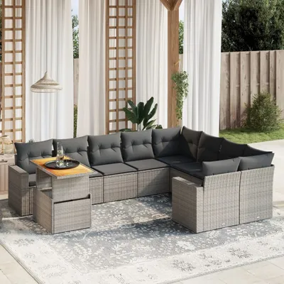 Produktbild von Design 10-tlg. Garten-Sofagarnitur mit Kissen Grau Poly Rattan, Gartenmöbel-Sets 2024 Neu