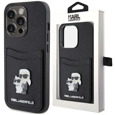 Produktbild von Karl Lagerfeld PolyurethanSaffiano Card Slot Metal Karl and Choupette Case für iPhone 15 Pro schwarz