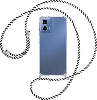 Produktbild von Handykette Backcover-Schutzhülle mit Band (Metall silberfarben) für Motorola Moto G34 5G - schwarz/weiß gestreift