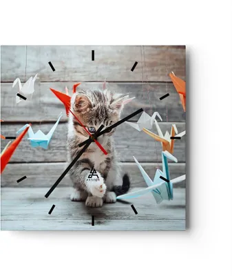 Produktbild von Wanduhr - Quadrat - Glasuhr - Katze spaß origami - 40x40cm - Schleichendes Uhrwerk - Lautlos - zum Aufhängen bereit - Dekoration Modern - Wanddekoration aus Glas - C3AC40x40-2818
