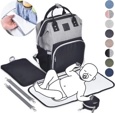 Produktbild von Daliya® PAKMI Wickelrucksack mit Schnullertasche & Wickelunterlage & Wickelunterlagentasche & Schlüsselanhänger - Wickeltasche Mamabag Tasche Rucksack mit viel Stauraum  - Grau Schwarz