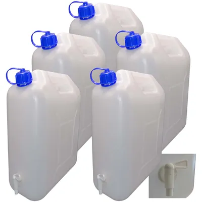 Produktbild von 5 x 10 L Kanister mit Deckel, Zapfhahn und Ausgießer, natur Trinkwasser