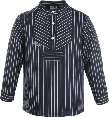 Produktbild von modAS Kinder Fischerhemd Basic Line mit Streifen im Finkenwerder-Stil - Seemann-Hemd mit Stehkragen mit breiten Streifen blau Größe 86-92