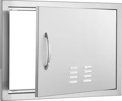 Immagine prodotto di SucceBuy Porta di accesso al barbecue, 610 x 432 mm, porta singola per cucina esterna. Montata ad incasso in acciaio inox. Montaggio verticale a parete con maniglia e aperture di ventilazione per isola barbecue e stazione barbecue