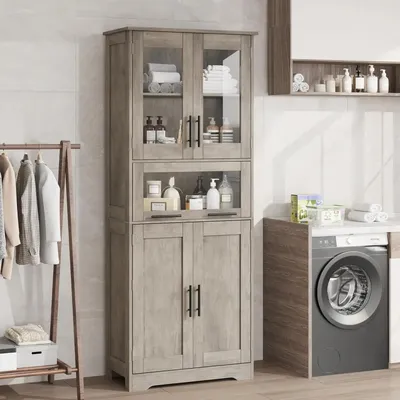 Image de Armoire de salle de bain de 170 cm - Armoire de rangement pour cuisine, modèle autoportant - Bois - Portes avec étagère réglable - Style moderne et minimaliste - Gris