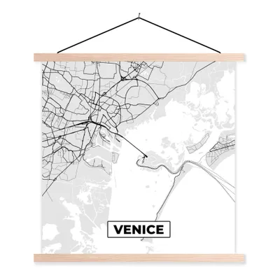 Produktbild von MuchoWow® Textilposter Venedig - Stadtplan - Karte - Schwarz und weiß 120x120 cm mit holzfarbenen Rahmen - Textil-Poster