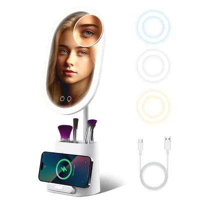 A makeup mirror with LED lighting and a phone charging stand.