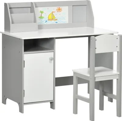 Produktbild von HOMCOM Holz-Kindertisch und Stuhl-Set mit Whiteboard, Lerntisch für Kinder ab 5 Jahren, Kinderschreibtischmöbel, 90 x 45 x 85 cm, Grau