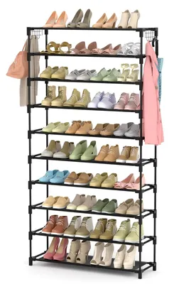 Image de Étagère à chaussures à 10 niveaux, noire, en métal. Capacité pour 50 paires de chaussures. Gain de place. Crochets multifonctionnels