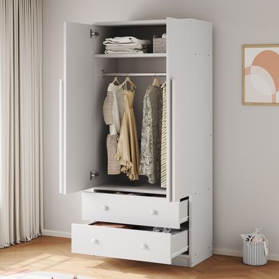 Flieks Kleiderschrank Garderoben mit 2 Schubladen und 2 Türen, Garderobenschrank Kleiderschrank mit Stange und Staufach, 70x40x170cm, Weiß