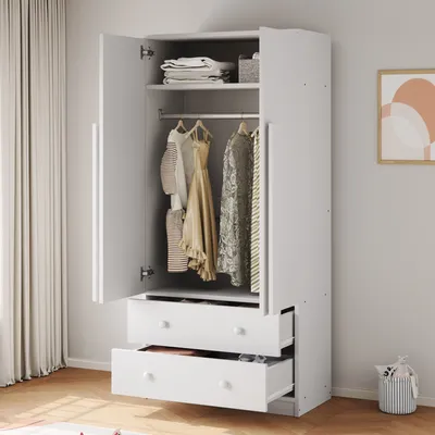 Obrázek produktu pro STILVORA Šatní skříň 70×170 cm, úložný prostor s věšákovou tyčí, vysoká komoda se zásuvkami a policemi, design s dvojitými dveřmi, bílá barva