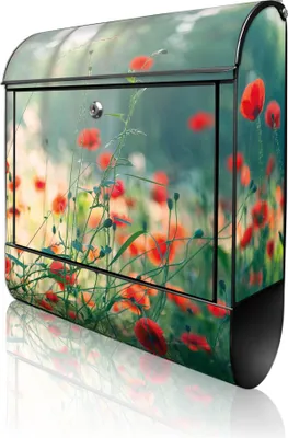 Produktbild von banjado Design Briefkasten Stahl schwarz mit Zeitungsfach pulverbeschichtet "Waldmohn" 38x46x12,5cm & 2 Schlüssel - Postkasten A4 Einwurf inkl. Montagematerial [BKSCH 12779]