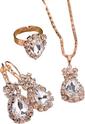 Produktbild von 3 Teile/satz Ohr Clip Helle Farbe Legierung Halskette Ohrringe Ring Set Wasser Tropfen Strass Anhänger Halskette Ohrringe Ring Schmuck Zubehör-Weiß