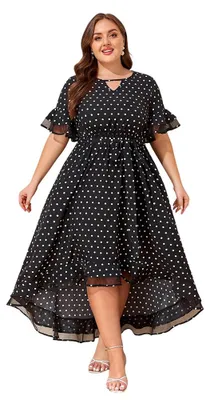 Produktbild von Plus Size Damen Polka Dot Langkleid mit kurzen Ärmeln, A-Linie mit Taschen für Sommer