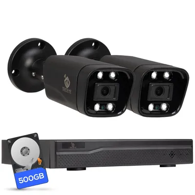 Zdjęcie produktu dla Kamera monitoringu zewnętrzna - 2 kamery, 5 MP, PoE - dysk twardy 500 GB - podgląd w nocy do 20 metrów - wodoszczelność IP66 - lokalne nagrywanie - kolor czarny