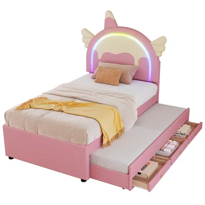 Produktbild von Polsterbett mit Stauraum und LED-Beleuchtung, 90x200 cm, Kopfteil höhenverstellbar, Kinderbett, Einzelbett, Kunstleder