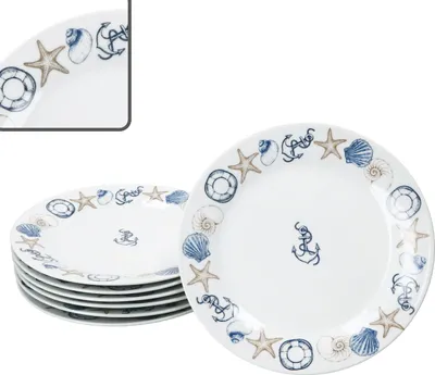 Zdjęcie produktu dla Neptun zestaw 6 morskich talerzyków deserowych porcelana 6 pers kotwica