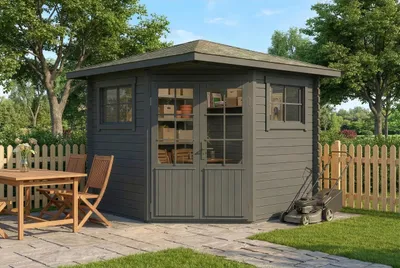Produktbild von Alpholz 5-Eck Gartenhaus Sunny-B aus Holz Imprägniert (Grau) 250 x 250 cm mit 28 mm Wandstärke & Spitzdach
