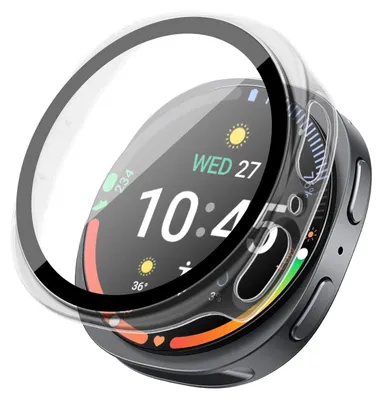 A transparent protective case is shown on a smartwatch.