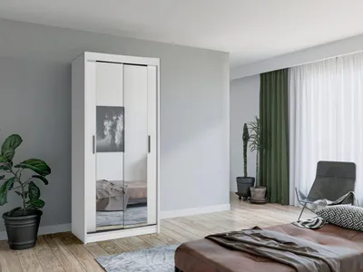 Produktbild von Krudox MINI Kleiderschrank Schiebetür Weiß 90x200x61 cm mit Spiegel Kleiderstange Schlafzimmer Mehrzweckschrank