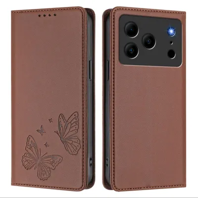 Image de Étui en cuir pour Doogee Note 56 / Note 56 Pro, étui de protection type portefeuille en cuir gaufré « papillon » avec support, marron