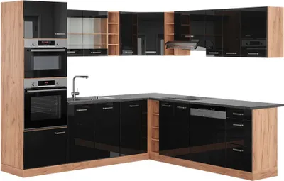 Produktbild von Eckküche Vicco R-Line Schwarz Hochglanz/Goldkraft Eiche 247 x 60 cm , AP Anthrazit, Model 43082