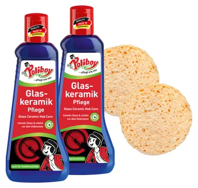 Produktbild von Poliboy Glaskeramik Pflege - 2x200ml - mit Einbrennschutz - Kochfeldreiniger für Glaskeramik - Mit 2x Schwamm - 99A5101