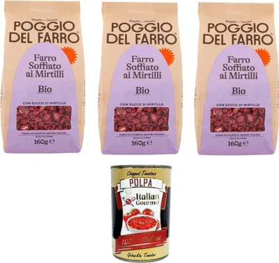 Produktbild von Poggio del Farro-Farro Soffiato ai Mirtilli Gepuffter Dinkel mit Blaubeeren 3x160gr + Italian Gourmet polpa 400g