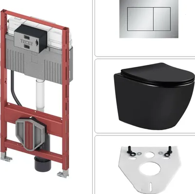 Produktbild von Wand WC spülrandlos mit SoftClose TakeOff WC-Sitz schwarz matt und TECE Vorwandgestell + Betätigungsplatte, chrom matt