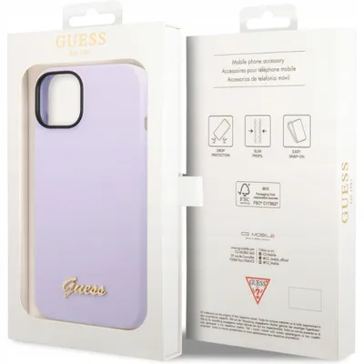 Produktbild von Guess Apple iPhone 14 Hard Case Silicone Vintage Gold Logo Lila