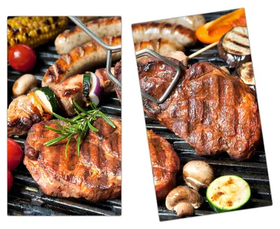 Produktbild von Spritzschutz Herdabdeckplatte Schneidebrett aus Glas Grillvariation 2-Teilig (60x52cm)