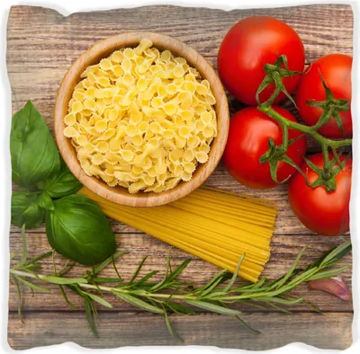 Produktbild von Wallario Premium Kissen, weiche Oberfläche, mit Motiv Spaghetti mit Tomaten, Knoblauch und Basilikum, Größe: 30 x 30 cm, mit weißer Rückseite
