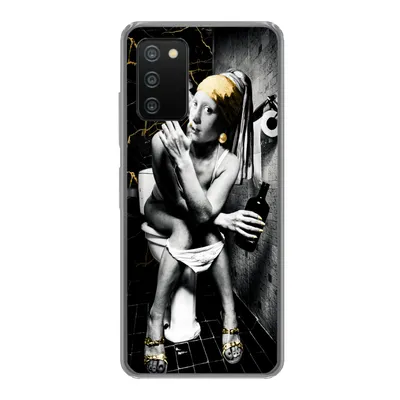 Produktbild von MuchoWow® Handyhülle Schutzhülle Hülle für Samsung Galaxy A03s Marmoroptik - Mädchen mit Perlenohrring - Zigaretten - Toilette - Gold - Kunst - Alte Meister Silikon Softcase Handy Hülle - Schutz