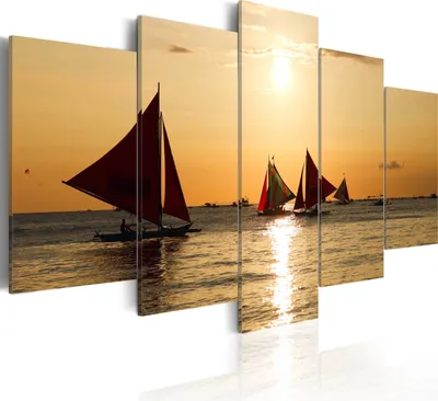 Produktbild von Leinwandbilder Meerlandschaft 200x100 cm Vlies Leinwandbild 5 tlg Kunstdruck modern Wandbilder XXL Wanddekoration Design Wand Bild - Natur Boote Sonnenunergang 030212-26